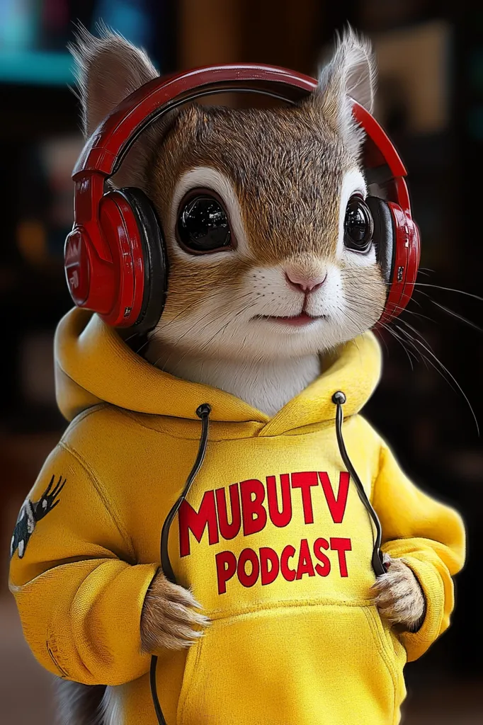 An adorable anthropomorphic chipmunk, sporting oversized red headphones and a vibrant yellow hoodie emblazoned with "MUBUTV PODCAST," is the focus of this image. The chipmunk's large, expressive eyes and endearingly human-like pose create a charming and captivating visual.  The overall aesthetic is playful and digitally rendered, suggesting a mascot or promotional character for a podcast.