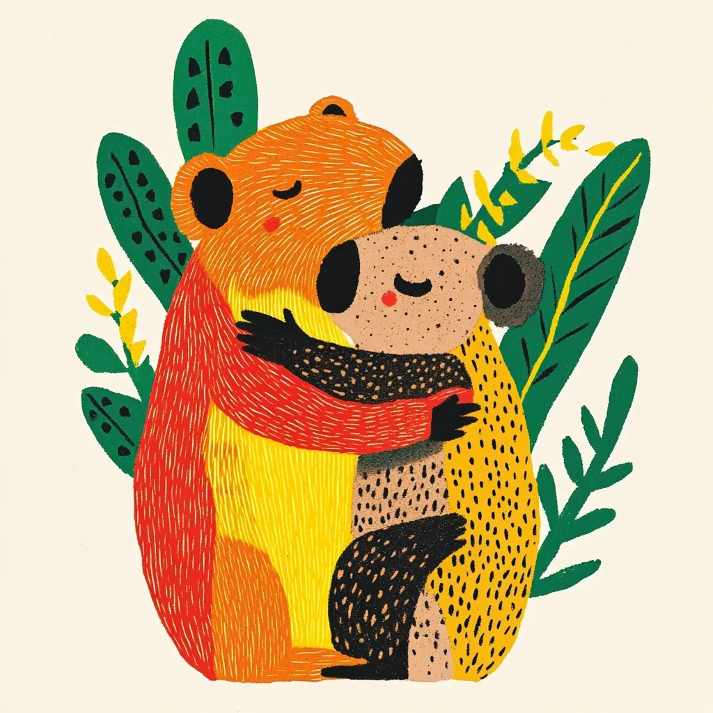 A vibrant illustration depicts a heartwarming embrace between two stylized animals, possibly a bear and a koala.  The bear, in warm oranges and yellows, enfolds the smaller koala, whose fur is a mix of browns and blacks.  They are surrounded by lush, stylized green foliage, adding to the cheerful and affectionate mood of the piece. The artwork uses bold lines and a playful color palette.