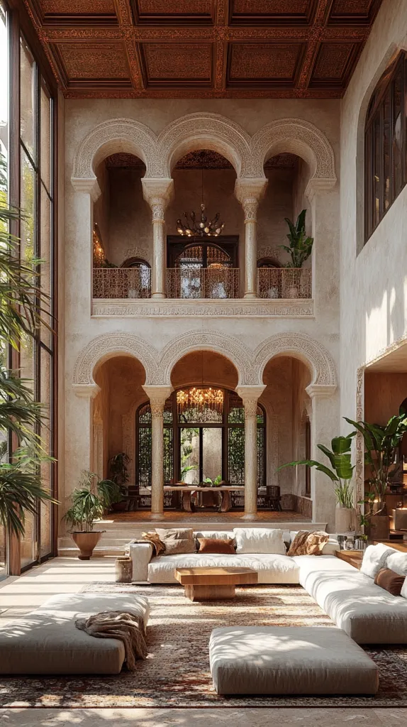 A grand, sunlit interior boasts Moorish architecture with intricate arches and columns.  A spacious, low-slung sectional sofa in off-white occupies the center, complemented by plush floor cushions.  Large windows and potted plants bring the outdoors in, creating a serene and luxurious atmosphere.  The high ceilings and ornate details create a sense of opulence and tranquility.  Warm, earthy tones dominate the color palette.