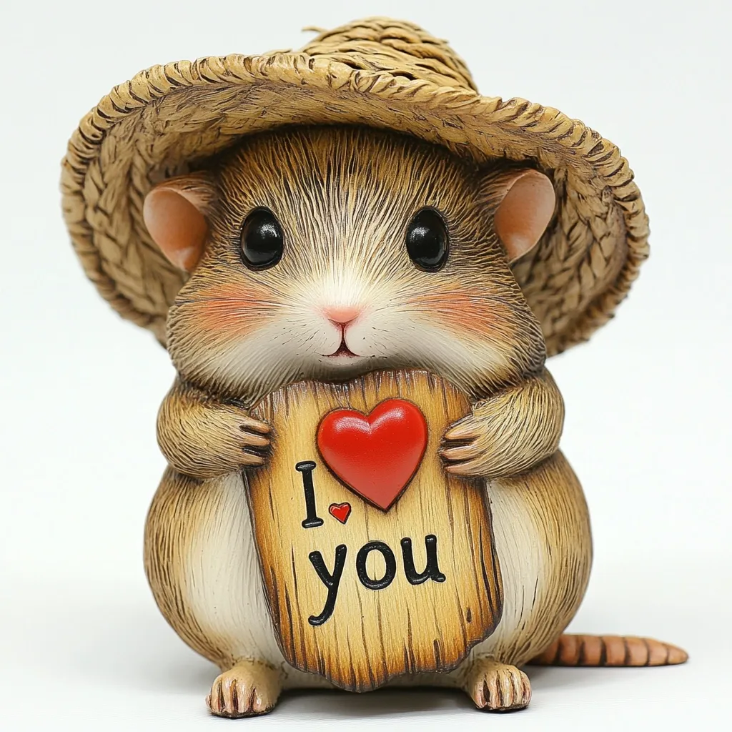 A charming figurine of a mouse wearing a straw hat holds a wooden sign that reads "I love you."  The mouse is depicted with endearing features, large eyes, and rosy cheeks.  A red heart adorns the sign, adding to the overall romantic and cute aesthetic of the piece. The figurine is crafted with detailed textures, showcasing the mouse's fur and the hat's woven texture.