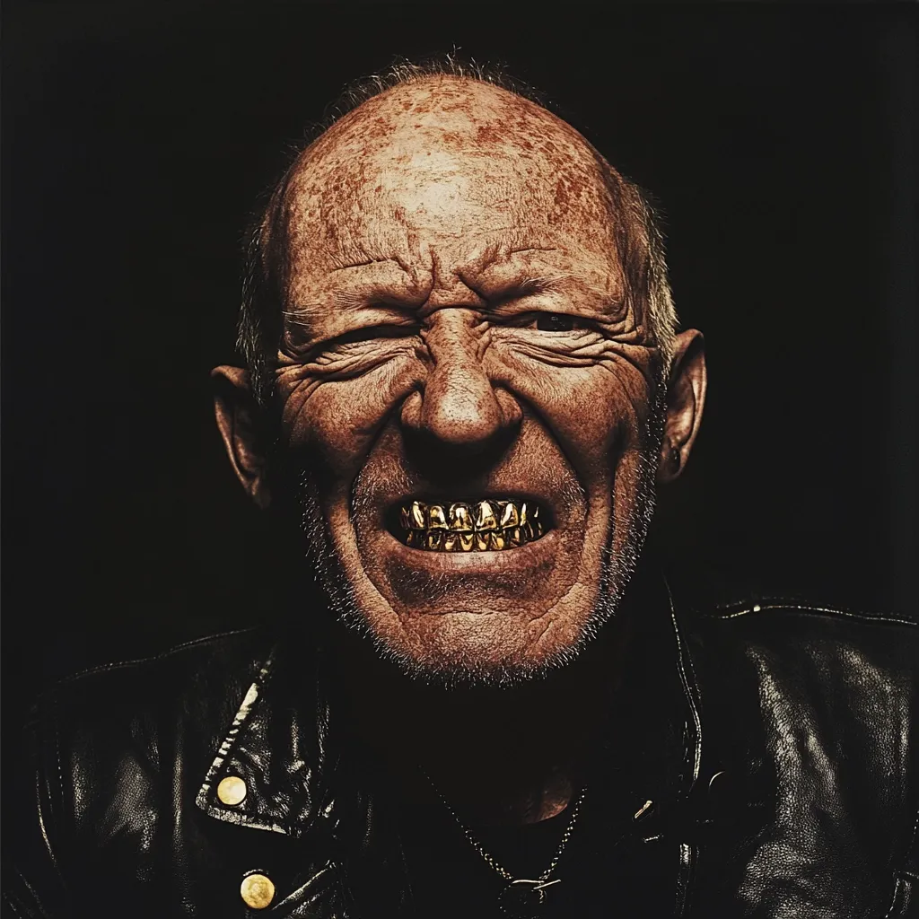 Close-up portrait of an elderly man with weathered skin and a grimace.  He wears a black leather jacket and prominently displays gold grillz over his teeth. The dark background emphasizes the man's face and the contrast between his rough appearance and the ostentatious gold teeth.  His expression is intense and possibly menacing.
