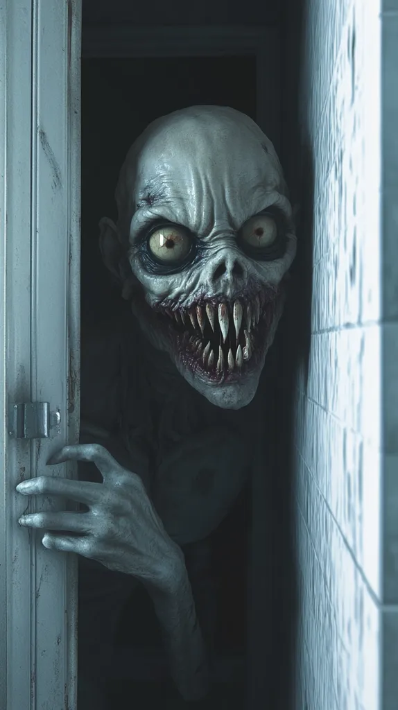 A horrifying creature with pale skin, large eyes, and sharp teeth lurks in a dimly lit doorway. Its gnarled hand grips the door frame, its unsettling gaze fixed on the viewer. The creature's grotesque features and shadowy surroundings create a terrifying and suspenseful image.  The scene evokes feelings of fear and unease.