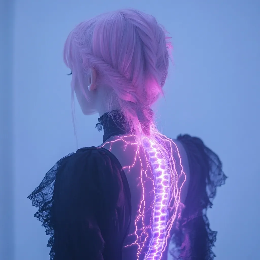 The image shows a woman with pastel pink hair styled in a braid, viewed from behind. She wears a black, lacy dress.  Glowing purple energy, resembling lightning, traces the path of her spine. The overall aesthetic is ethereal and somewhat gothic, with a blend of fantasy and cyberpunk elements. The lighting is soft and diffused, emphasizing the ethereal quality of the image.