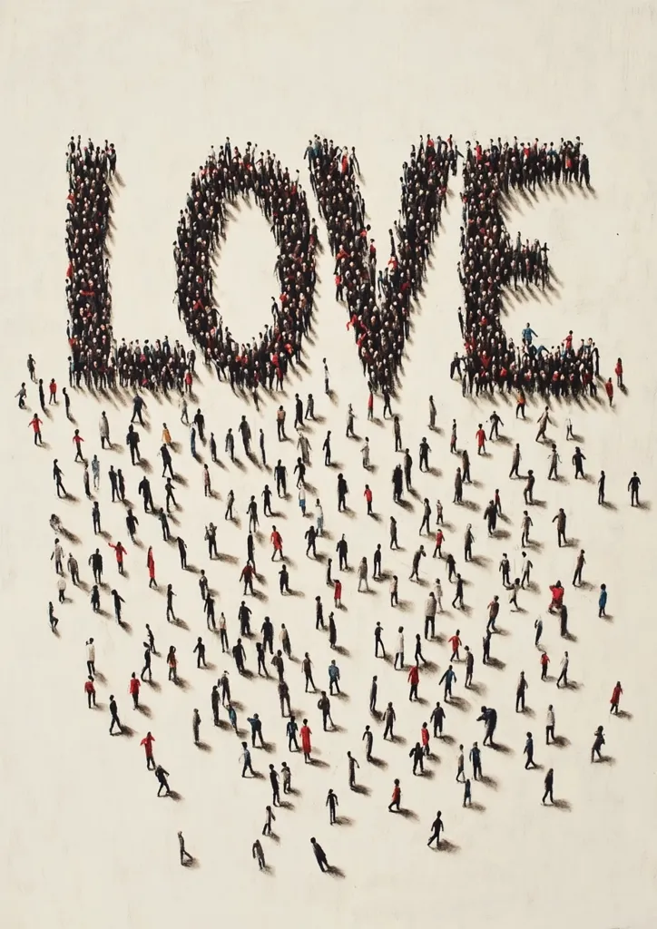 A large crowd of people forms the word "LOVE" against a light beige background.  The individuals are small and densely packed within the letters, creating a striking visual representation of the word.  Below the word, the crowd disperses, fanning out in a semi-circular pattern, suggesting the word's impact extends beyond its literal form.  The image is detailed and intricately rendered.