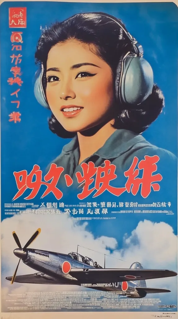 A vibrant movie poster showcases a young woman wearing large headphones, set against a bright blue backdrop.  Below her, a Japanese fighter plane dominates the lower half.  The title, written in large Chinese characters, suggests a wartime theme. The overall style is reminiscent of 1950s-60s Japanese cinema.  The poster includes smaller text, likely credits and details about the film.