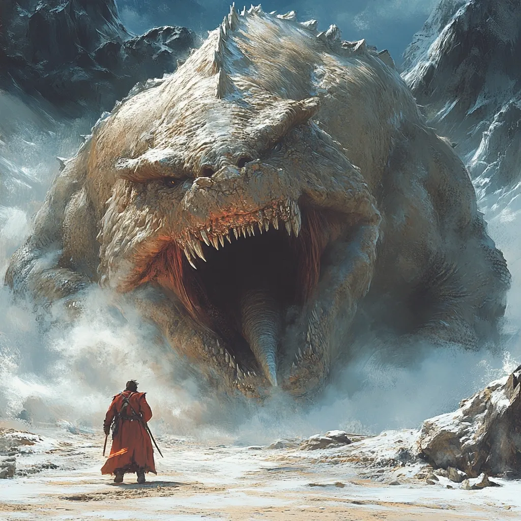 A colossal, snow-covered beast, resembling a monstrous lizard, looms over a lone figure in a red robe.  The creature's massive jaws are agape, revealing sharp teeth and a long tongue.  The figure, seemingly a warrior, stands defiantly on a desolate, snowy landscape amidst towering, rocky mountains. The scene evokes a sense of epic struggle and impending danger.