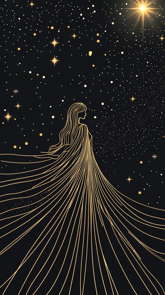 A minimalist illustration depicts a woman in a flowing gold gown against a black starry night sky.  Golden lines form her dress, which trails behind her like a celestial comet.  The background is scattered with small and large golden stars, creating a dreamy, ethereal atmosphere.  A bright star shines in the upper right corner, adding to the celestial theme.