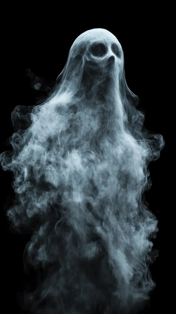 A ghostly figure, seemingly formed from smoke, dominates the dark background.  A skull-like face is faintly visible within the ethereal form, its features obscured by the swirling vapor.  The image evokes a sense of mystery and the supernatural, suggesting a spirit or phantom. The grayscale palette enhances the eerie atmosphere.