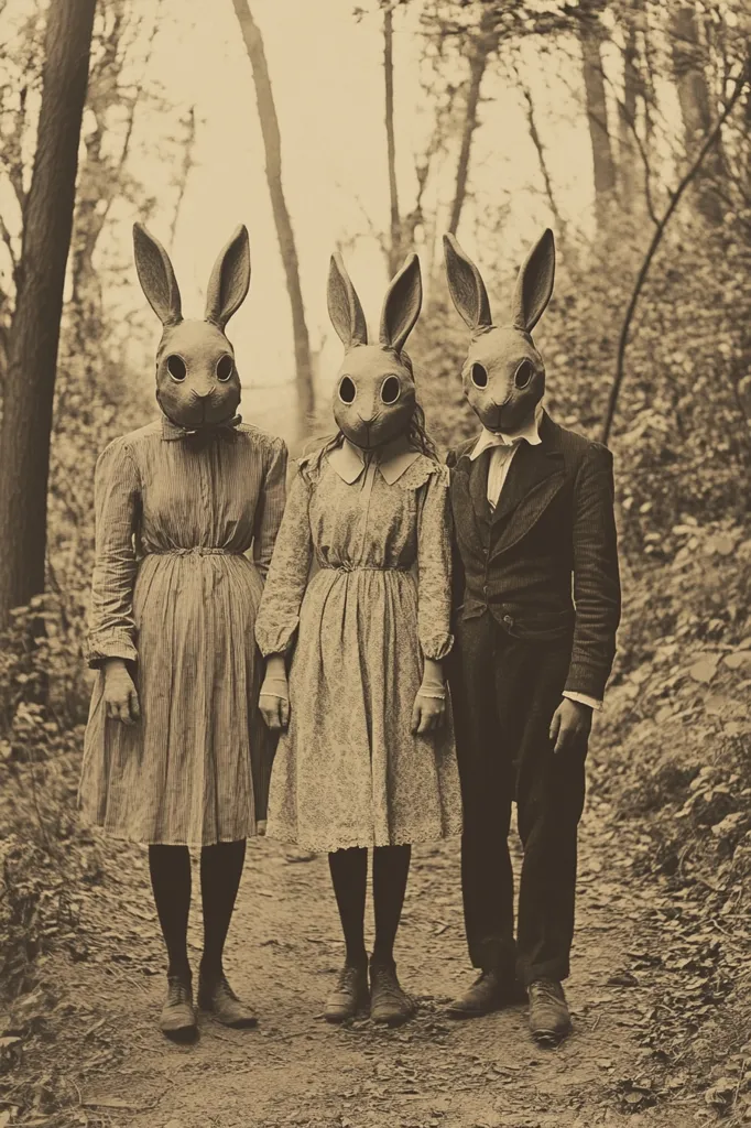 A sepia-toned photograph depicts three figures standing on a forest path. Each wears a rabbit mask and antique-style clothing; two women in dresses and one man in a suit.  The image evokes a sense of mystery and unease, with the masks obscuring their identities and the forest setting adding to the atmosphere.  The overall style suggests a vintage or gothic aesthetic.