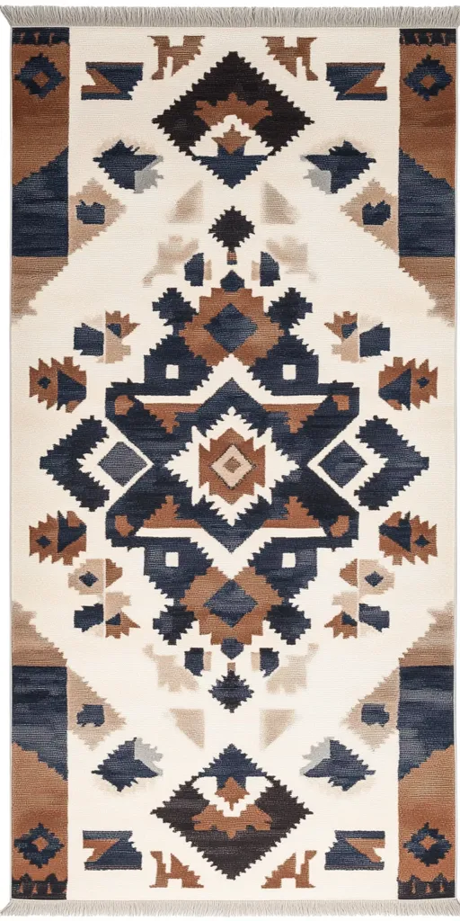 This rug features a striking off-white background adorned with a symmetrical pattern in navy, brown, and beige.  Geometric shapes reminiscent of southwestern or Native American designs are intricately woven throughout.  The rug has a fringed edge, adding to its rustic charm.  The color palette is muted yet vibrant, creating a visually appealing and textured piece.