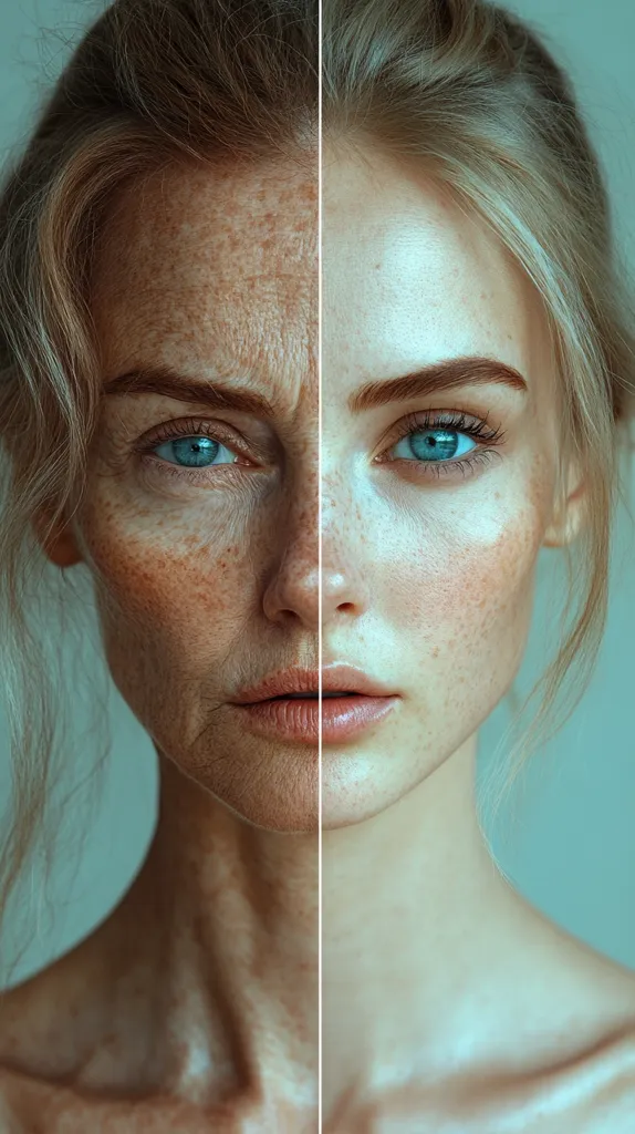 A split-face image showcasing the effects of aging.  One side depicts a youthful face with smooth skin and minimal wrinkles, while the other side shows the same face significantly aged, displaying wrinkles, age spots, and visible signs of sun damage. The contrast highlights the dramatic changes associated with the aging process.