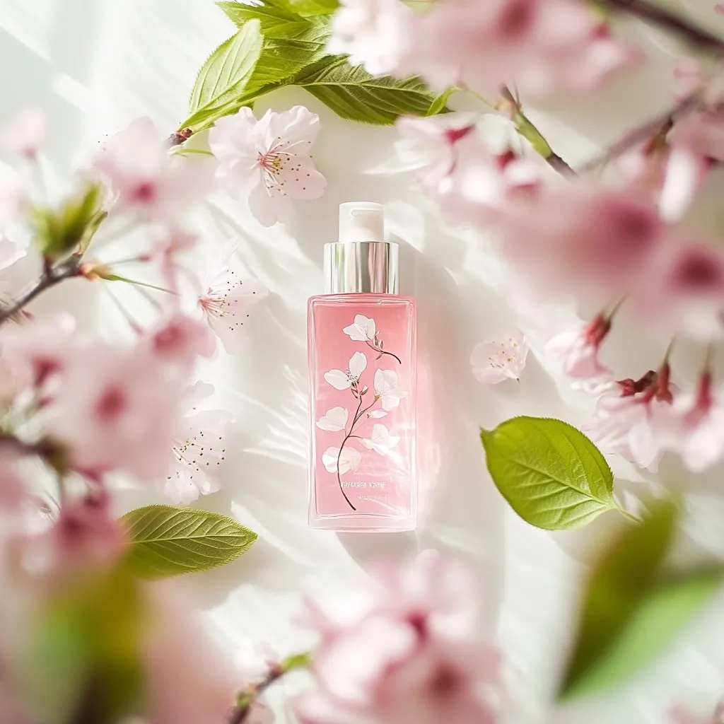 A bottle of rosy-pink body wash or lotion sits on a white background, surrounded by delicate pink cherry blossoms and vibrant green leaves. The bottle is rectangular with a silver pump and features a subtle cherry blossom design. The overall aesthetic is clean, feminine, and evokes a sense of springtime freshness.  The soft lighting enhances the delicate details of the flowers and the product.