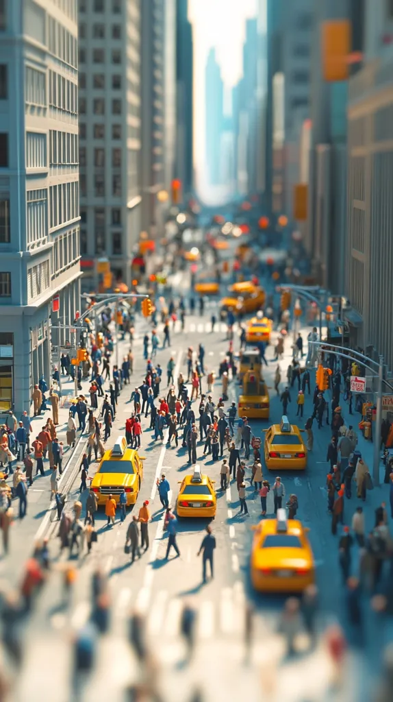 A miniature-like city street scene depicts a bustling urban intersection.  Numerous yellow taxis navigate the road amongst a dense crowd of tiny pedestrians.  Tall buildings line the street, creating a sense of depth and scale.  The bright sunlight suggests a daytime setting, adding to the vibrant and busy atmosphere of the image. The overall effect is a stylized representation of a city street.