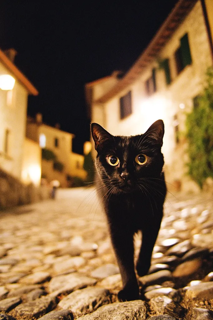 A black cat with bright yellow eyes walks down a cobblestone street at night.  The cat is in sharp focus, while the background of old, illuminated buildings is softly blurred.  The scene evokes a sense of mystery and quiet charm. The cat appears confident and alert, its gaze directly at the viewer.