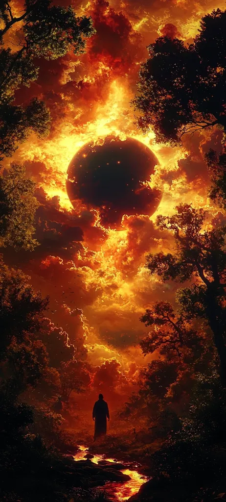 A solitary figure walks along a fiery river, silhouetted against a dramatic, apocalyptic sky.  An immense, dark orb dominates the fiery clouds, casting an ominous glow over the forest. The intense orange and red hues of the sky create a sense of impending doom or divine power.  The scene is surreal and evokes feelings of awe and unease.