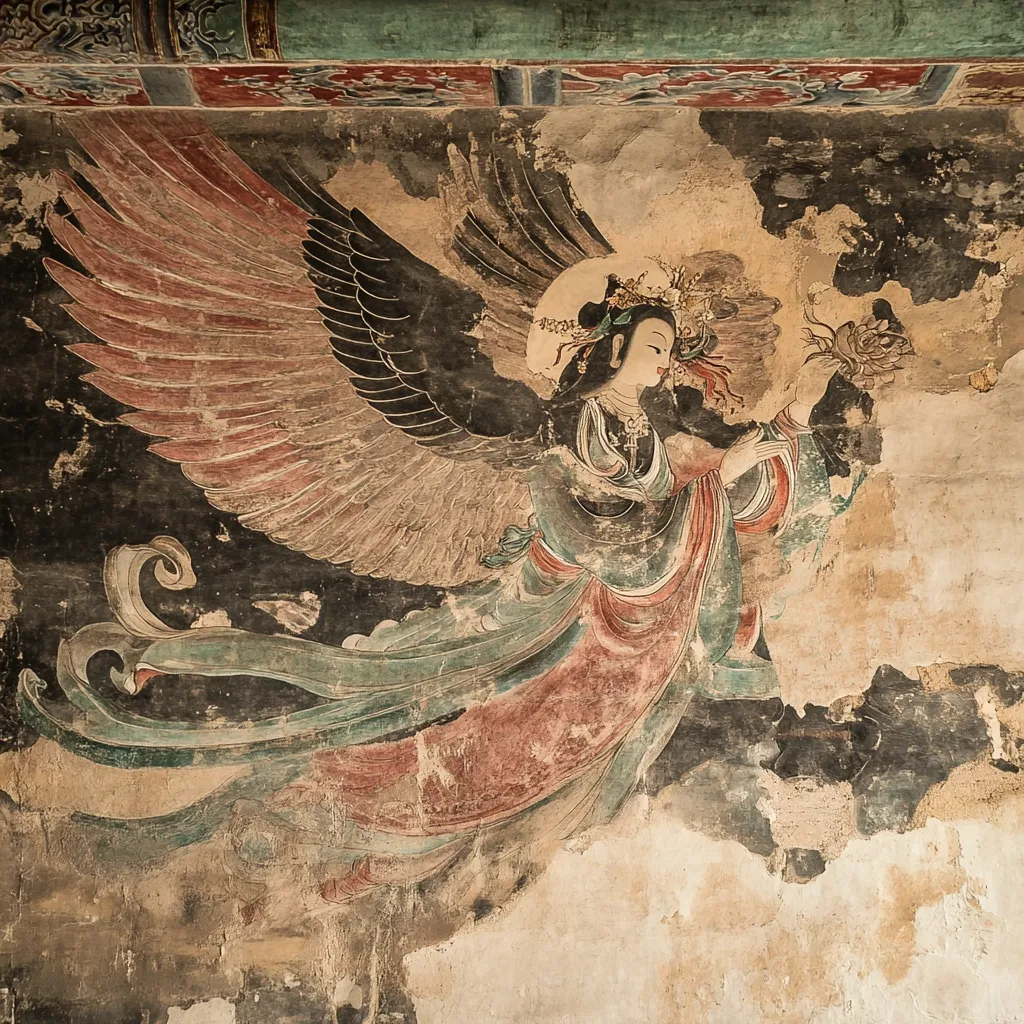 A weathered mural depicts a winged celestial being, possibly an angel or goddess.  The figure, in flowing robes of red, teal, and muted gold, holds a lotus flower.  Large, dark wings extend from its back, their colors faded with age.  The style suggests East Asian artistry, with the painting showing significant signs of age and damage, adding to its historical character.  The colors are muted and soft, reflecting the passage of time.