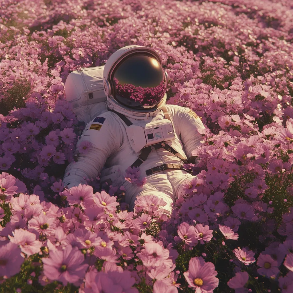 An astronaut in a white spacesuit reclines peacefully amidst a vibrant field of soft pink cosmos flowers.  The astronaut's helmet reflects the surrounding blossoms, creating a surreal and tranquil scene. Golden sunlight bathes the scene, enhancing the dreamlike quality of the image.  The contrast between the technological suit and the natural beauty of the flowers is striking and evocative.