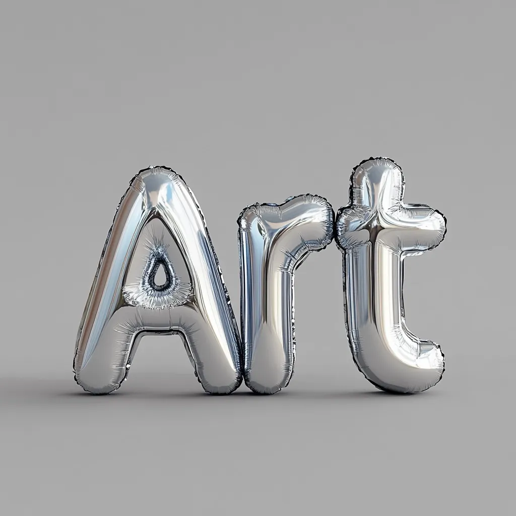 The word "Art" is spelled out using silver Mylar balloons against a light gray background.  The balloons are inflated and reflective, casting subtle shadows.  The image is simple and clean, focusing on the typography created by the balloons.  The overall impression is one of sophistication and elegance.