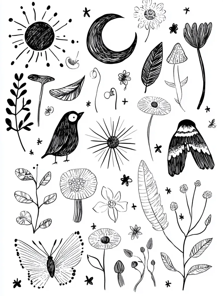 A collection of whimsical black and white illustrations.  The design features a sun, moon, birds, butterflies, mushrooms, various flowers, leaves, and insects, all rendered in a hand-drawn style. The elements are scattered across the page, creating a charming, nature-inspired aesthetic.  The overall feel is bohemian and slightly mystical.