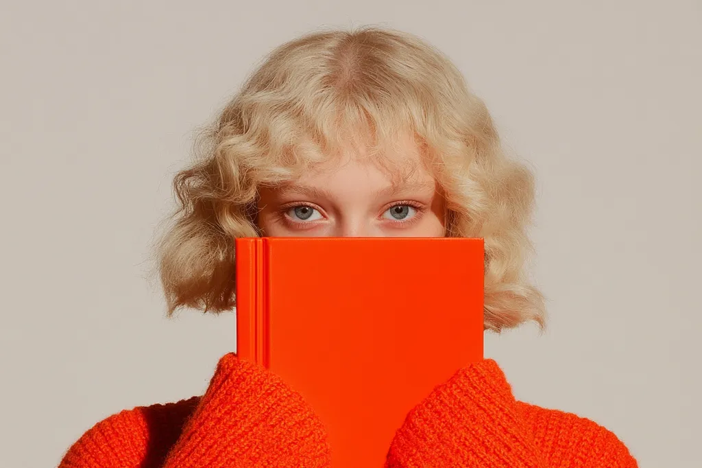 A young woman with blonde, curly hair hides her face behind a bright orange book.  She's wearing a matching orange knit sweater.  Only her light blue eyes are visible above the book. The background is a muted beige, creating a contrast with the vibrant orange. The overall image is minimalistic and stylish.