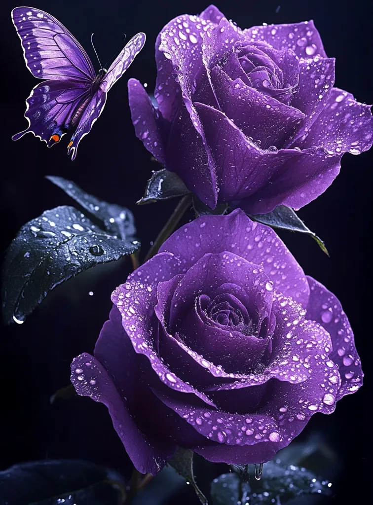 Two deep purple roses, glistening with dew drops, are the focal point of the image.  A vibrant purple butterfly with orange accents hovers delicately nearby, adding a touch of whimsy to the scene. The dark background emphasizes the rich color and texture of the flowers and insect, creating a visually stunning and romantic composition.