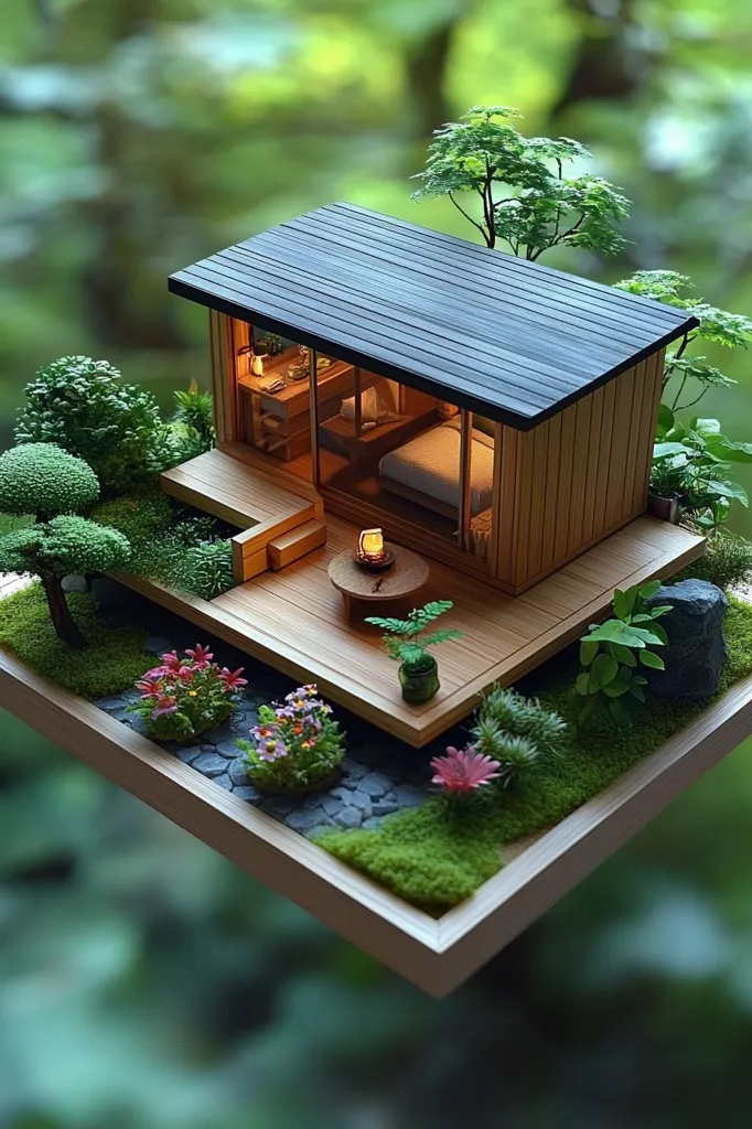 A miniature wooden house with a dark roof sits on a tiny, meticulously landscaped garden.  The house features a visible interior with a bed and small table.  The surrounding garden includes miniature trees, flowers, moss, and stones, all arranged within a light-colored square frame. The scene is lit warmly, creating a serene and peaceful atmosphere.
