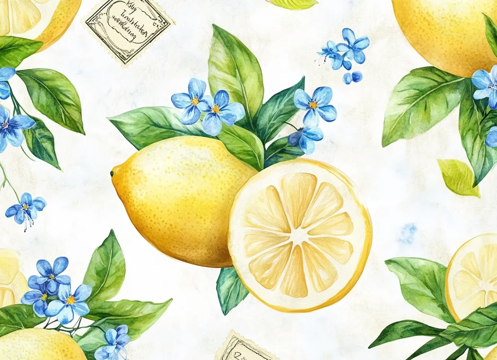 A watercolor painting depicts a seamless pattern of lemons and forget-me-nots.  Whole lemons and lemon slices are interspersed with vibrant blue flowers and lush green leaves.  Vintage-style postage stamps are subtly placed amongst the fruit and flowers, adding a touch of nostalgia to the bright, cheerful design. The overall effect is fresh, summery, and evocative of a Mediterranean garden.