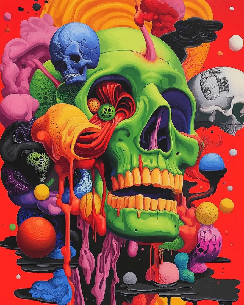 A vibrant, surreal painting depicts a large, green skull dissolving into a kaleidoscope of colorful, organic shapes.  Bright red, orange, pink, and blue blobs and spheres drip and swirl around the skull, creating a chaotic yet visually captivating scene against a bold red background. Smaller skulls are embedded within the larger composition, adding to the overall sense of psychedelic, macabre beauty.