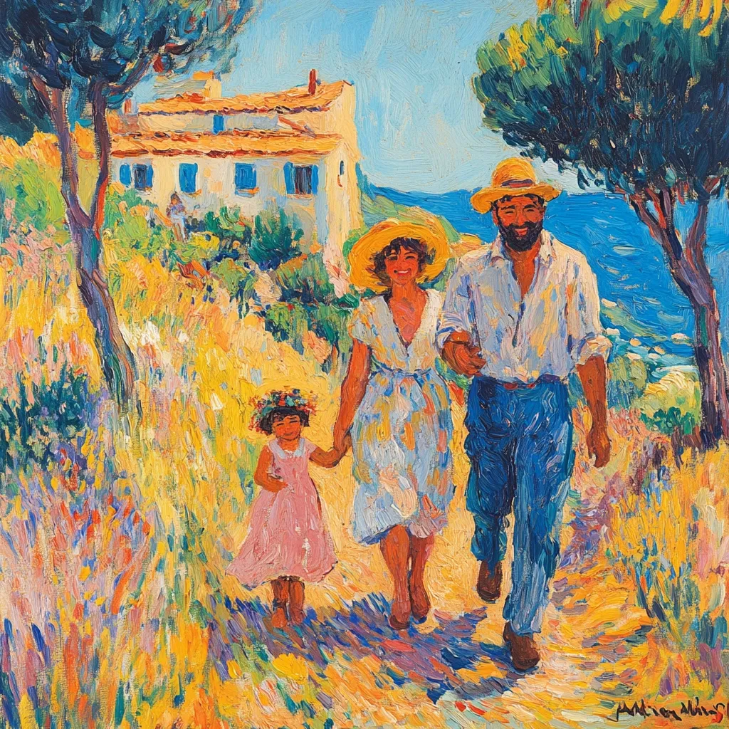 A vibrant Impressionist painting depicts a family strolling along a sun-drenched path.  A father, mother, and young daughter, hand-in-hand, walk towards a picturesque white house nestled amongst Mediterranean trees and overlooking a sparkling blue sea.  The artist uses bold, impasto brushstrokes, creating a sense of joyful movement and the warmth of a summer day.  The colors are rich and saturated, capturing the light and atmosphere of a coastal scene.