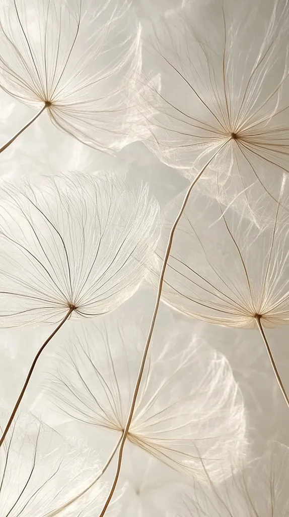Delicate seed heads of dandelion-like plants dominate the image.  Their pale, almost translucent structures are composed of fine, radiating filaments.  The soft, neutral tones create a serene and ethereal atmosphere.  The overlapping seed heads suggest a sense of lightness and airiness, focusing on the intricate detail and delicate beauty of nature.