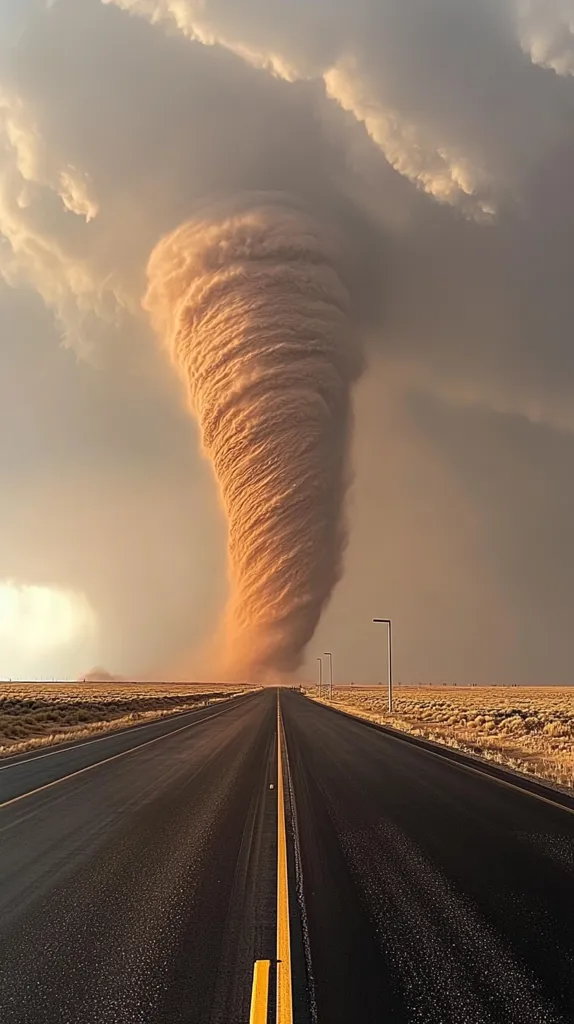 A massive, swirling dust devil dominates the landscape, its sandy hues contrasting against the muted sunset sky.  A long, straight highway stretches towards the vortex, creating a dramatic perspective.  The scene is desolate, with sparse desert vegetation lining the road, emphasizing the scale and power of the natural phenomenon. The image evokes a sense of both awe and potential danger.