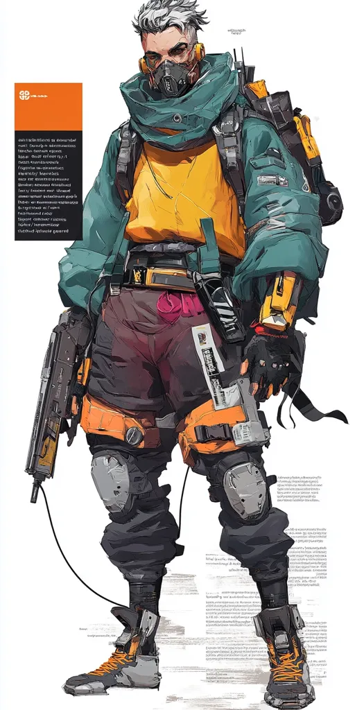 The illustration showcases a futuristic character, possibly a video game or comic book protagonist.  The character sports grey hair, a teal jacket over a yellow shirt, and dark pants with orange accents.  He wears a gas mask, protective gear, and high-tech boots.  A large backpack and a futuristic weapon are visible, suggesting a combat role.  The style is vibrant and detailed, blending realistic elements with stylized designs.