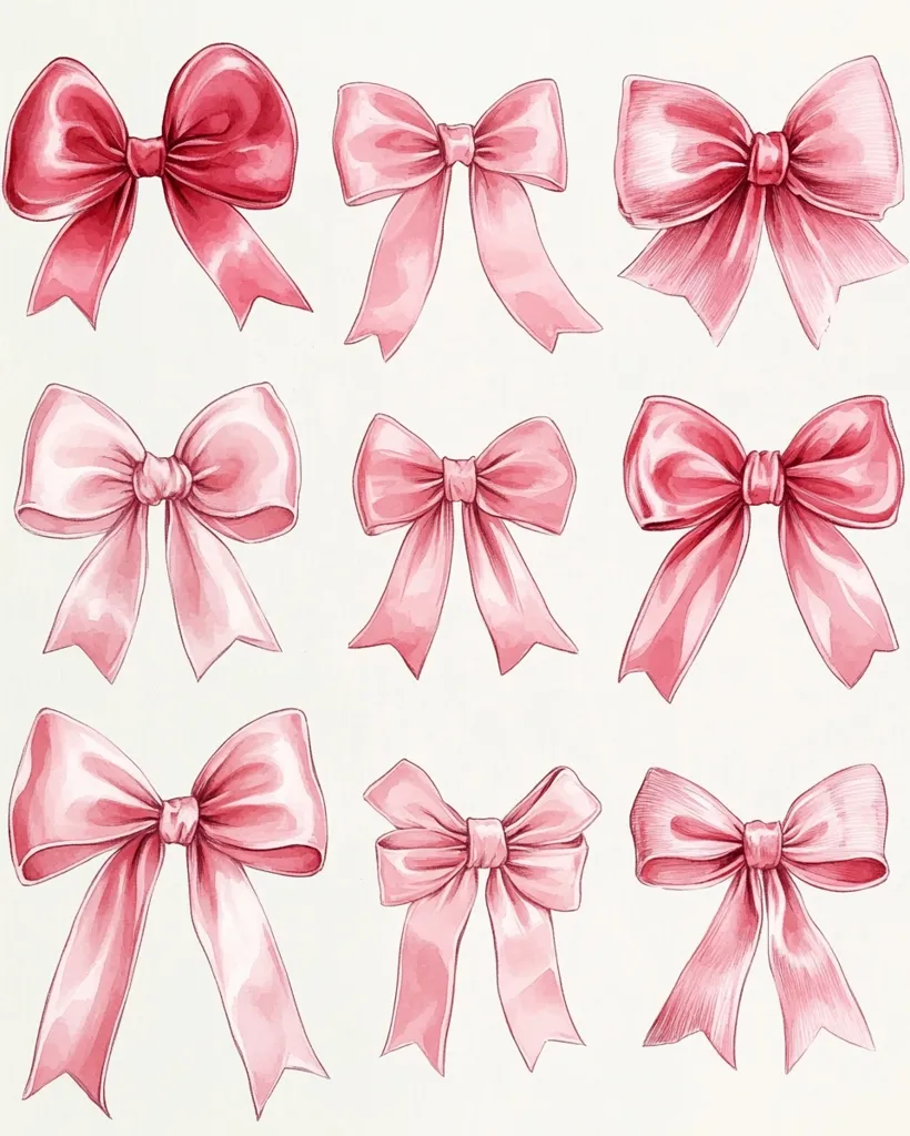 A collection of twelve watercolor illustrations showcasing pink bows in various styles.  The bows are depicted in different sizes and arrangements, with some appearing more voluminous than others.  The light pink and soft shading create a delicate and elegant aesthetic, suitable for gift wrapping, stationery, or decorative purposes.  The artwork displays a consistent artistic style throughout.