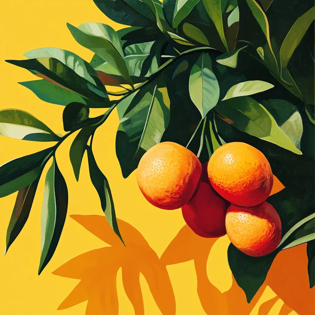 A vibrant painting showcases a branch of an orange tree laden with ripe, juicy oranges against a sunny yellow backdrop. The deep green leaves cast dramatic shadows, enhancing the image's luminosity and creating a striking contrast. The oranges, rendered in rich hues, appear almost three-dimensional, emphasizing their texture and weight.  The overall style is bold and painterly, evoking a sense of warmth and abundance.
