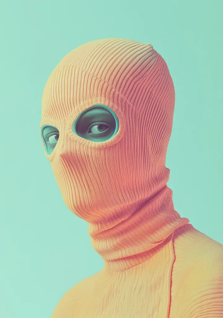 Close-up of a person wearing a peach-colored balaclava with teal eyeholes.  The ribbed knit fabric is textured, and the overall image has a vintage, slightly surreal aesthetic against a pale teal background. The model's eyes are partially visible through the openings, creating a mysterious and somewhat anonymous effect.