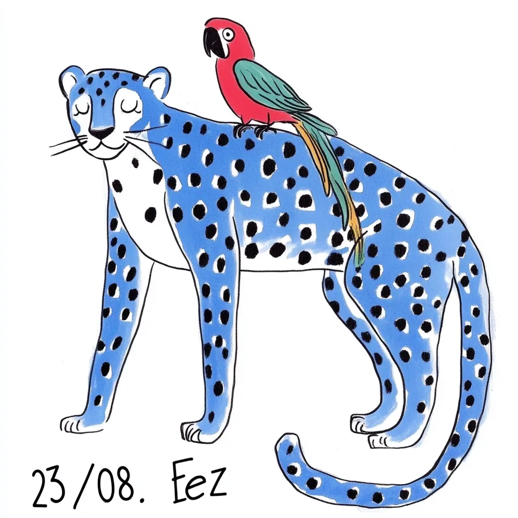 A stylized illustration depicts a blue cheetah with black spots, calmly carrying a vibrant red and green parrot on its back.  The cheetah's expression is serene. The date "23/08" and the word "Fez" are inscribed below, suggesting a location or date of creation. The artistic style is whimsical and bold.