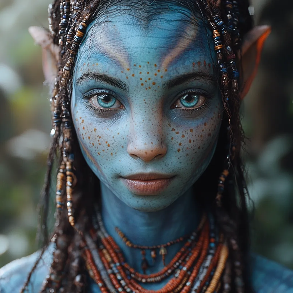 A close-up portrait of a Na'vi woman from Avatar.  Her blue skin is adorned with orange freckles, and she wears elaborate beaded braids and necklaces.  Her large, expressive eyes and pointed ears are characteristic of the Na'vi people.  The background suggests a lush, jungle-like environment.  The overall impression is one of serene beauty and otherworldly grace.