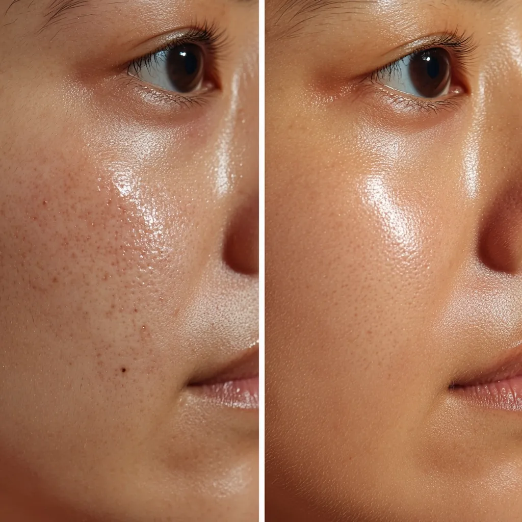 A before-and-after image showcasing the effectiveness of a skincare treatment.  The left side displays skin with visible pores and minor imperfections.  The right side shows a smoother, more even complexion with reduced pore visibility, demonstrating a significant improvement in skin texture and clarity.  The transformation highlights the product's ability to minimize pores and enhance skin tone.