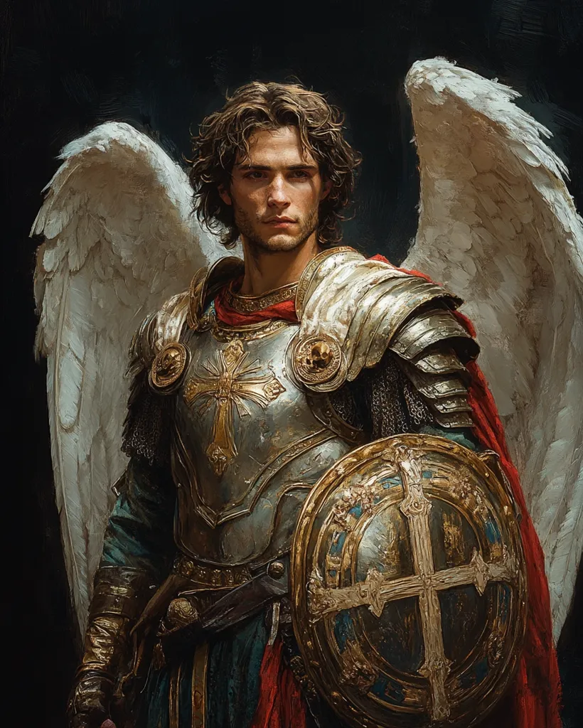 A painting depicts a celestial warrior, possibly an angel, adorned in ornate, metallic armor featuring prominent crosses.  His long brown hair frames a serious face.  Large, white wings extend from his back, and he holds a similarly decorated shield. The overall style is dark and dramatic, with rich, textured details in the armor and wings. The red cloth draped over his armor adds a splash of color against the predominantly metallic tones.