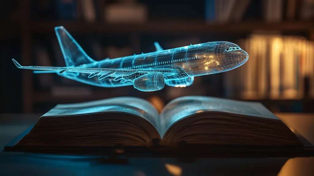 A wireframe model of an airplane hovers above an open book, illuminated in a vibrant blue glow.  The scene is set against a blurred background of bookshelves, suggesting a library or study. The image evokes a sense of travel, knowledge, and perhaps the technological merging of these concepts.  The book appears aged, contrasting with the modern digital representation of the aircraft.