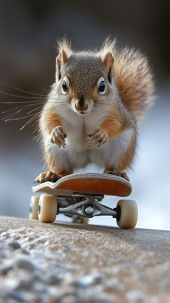 A small, adorable red squirrel stands poised on a miniature skateboard.  Its fluffy tail curls behind it, and its tiny paws grip the deck.  The squirrel gazes directly at the camera with wide, expressive eyes. The scene is set outdoors, with a blurred background suggesting a natural setting. The image is humorous and charming, capturing a whimsical moment.