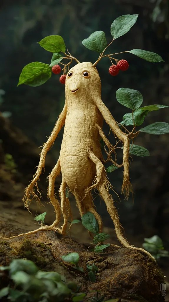 A whimsical digital illustration depicts a humanoid ginseng root figure.  Its body is a pale, wrinkled root, with long, spindly root-like arms and legs.  Atop its head sprouts a small plant with vibrant green leaves and clusters of small, red berries.  The figure has a cheerful, cartoonish face, and stands on a mossy rock amongst lush green foliage. The overall tone is fantastical and playful.