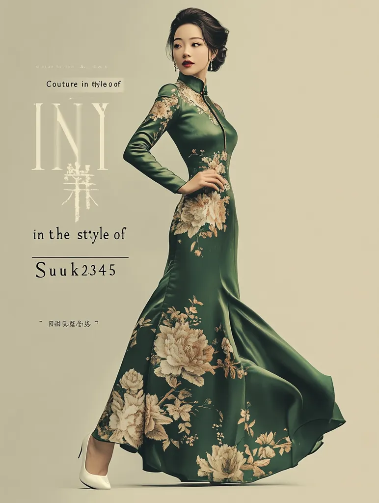 A stylish woman in a floor-length emerald green cheongsam adorned with beige floral patterns.  The dress features a high collar and long sleeves, cinching at the waist before flowing into a fishtail skirt. The model's elegant updo and poised stance complement the sophisticated design, showcasing a couture piece in the style of Suuk2345.