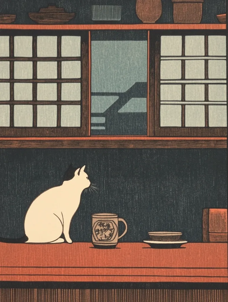 A serene woodblock print depicts a white cat seated on a low table, observing a mug with Asian characters.  The table sits beneath a dark wood cabinet with traditional Japanese shoji screens, offering a view of a blurred outdoor scene.  Earthenware bowls and boxes rest on the cabinet's top shelf, completing the minimalist composition.  The overall mood is calm and contemplative.