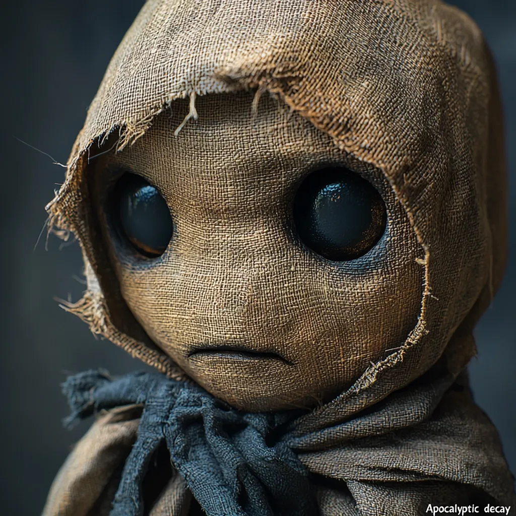Close-up view of a handcrafted doll, seemingly made of burlap or similar coarse fabric.  Its large, dark eyes and somber expression give it a melancholic and slightly unsettling appearance. The doll is draped in a ragged, dark fabric, adding to its worn and aged aesthetic.  The overall effect evokes a sense of post-apocalyptic decay.