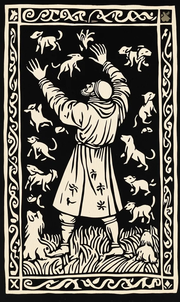 A black and white woodcut depicts a robed figure with arms raised, surrounded by numerous stylized dogs. The figure appears to be a shepherd or saint, possibly St. Francis of Assisi.  The scene is enclosed within an ornate border featuring Celtic-inspired knotwork. The style is reminiscent of medieval woodcuts, with bold lines and stark contrasts. The dogs vary in size and posture, suggesting a lively scene.