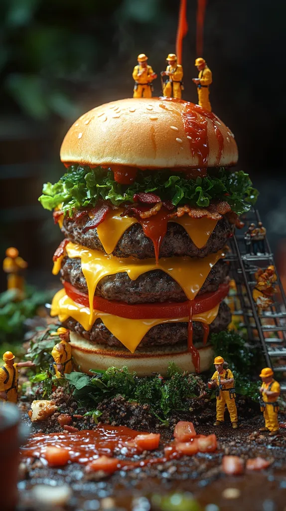 A colossal triple-decker burger, adorned with melted cheese, bacon, and lettuce, is the centerpiece of a whimsical scene.  Miniature construction workers, clad in yellow, appear to be building or repairing the towering burger, with ketchup cascading down its sides. The burger rests on a bed of ground beef and greenery, adding to the playful, almost surreal, composition.