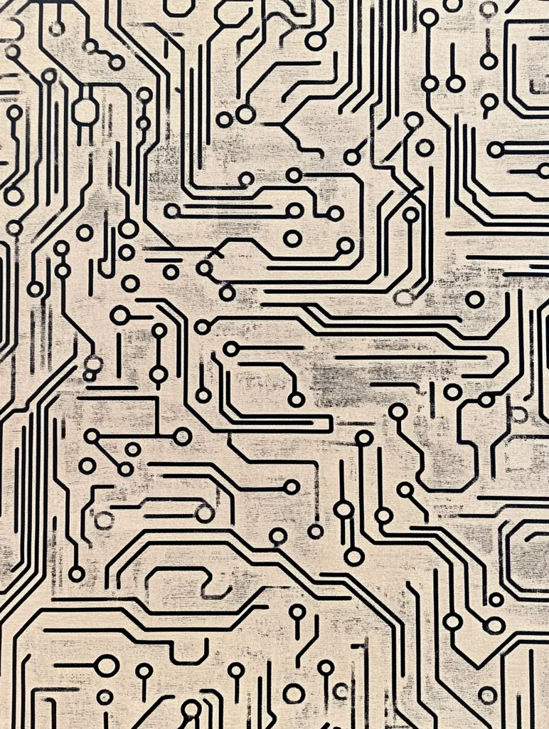 The image shows a detailed close-up of a beige surface patterned with a complex network of black lines resembling a circuit board.  The lines intertwine and connect at various points, creating a dense, intricate design.  The background texture has a slightly grainy or distressed appearance, adding to the overall technological yet aged aesthetic.  The pattern is repetitive and symmetrical, filling the entire frame.