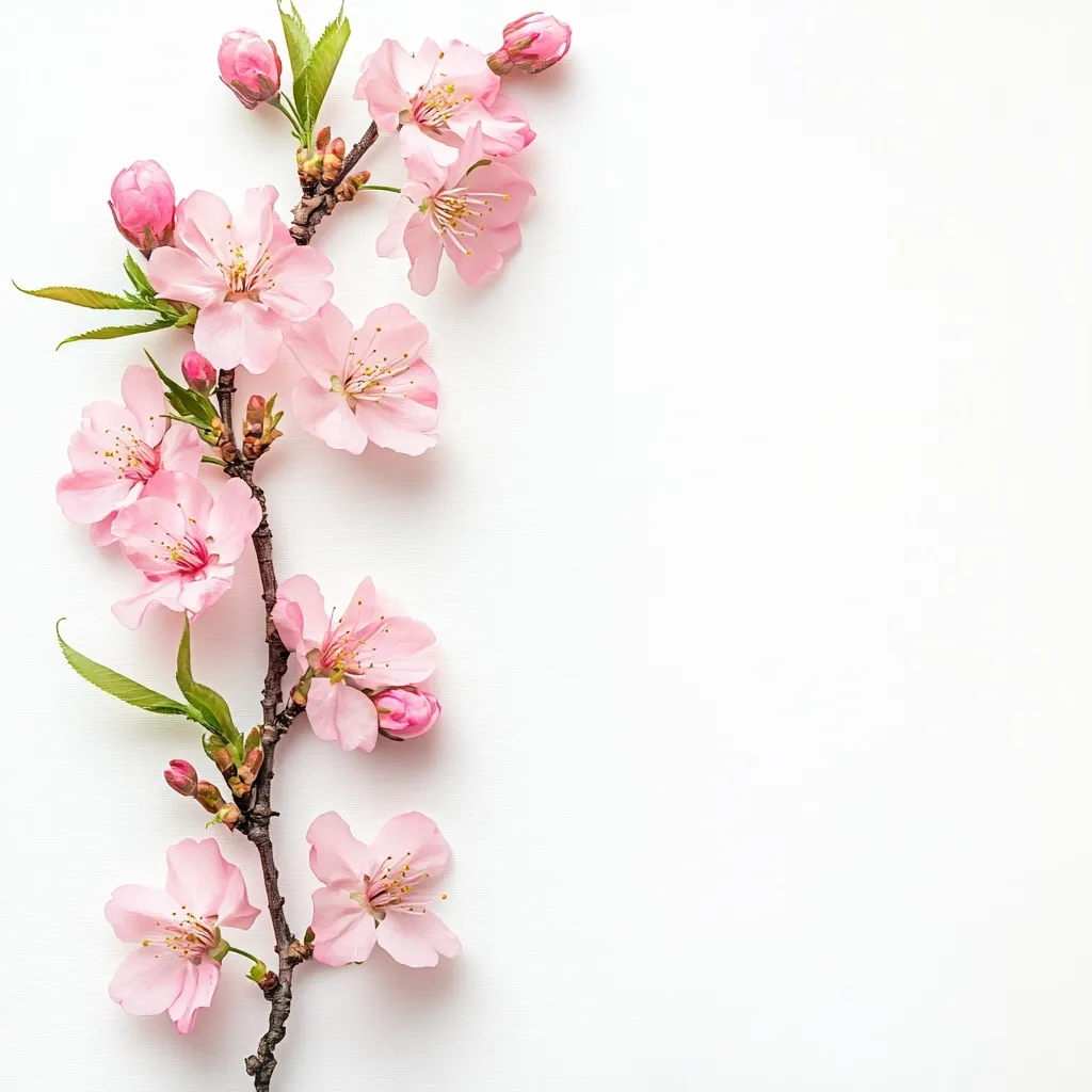 A delicate branch of light pink cherry blossoms is arranged vertically against a stark white background.  The blossoms, in various stages of bloom, are clustered along the branch, creating a visually appealing and elegant floral design.  The image is clean and minimalist, leaving ample white space to the right, ideal for text or other design elements.