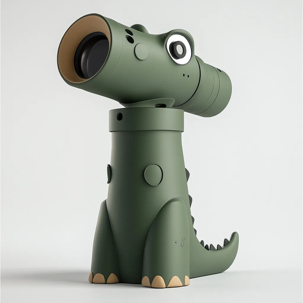 A green crocodile-shaped projector stands on a white background.  Its body forms the base, while the projector lens is mounted on its head, resembling a telescope.  Simple, child-friendly design features are visible, including small circular details and beige accents on its feet.  The overall aesthetic is modern and playful.